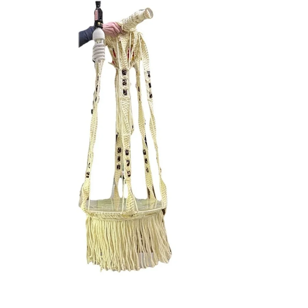 Vintage XL Macrame Hanging table & plant Hanger Retro Boho 70s Cream 88